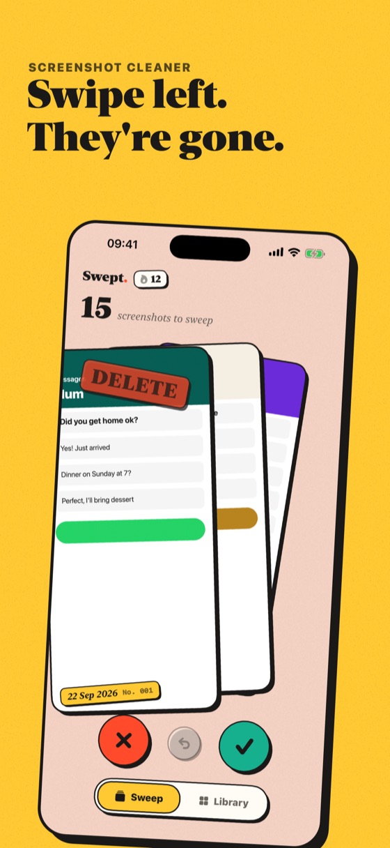Swept app: swiping a screenshot away with a DELETE stamp
